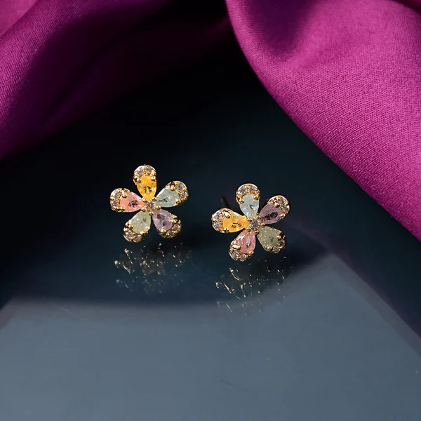 Multicolor Crystal Petal Flower Stud Earrings with Gold Finish for Women