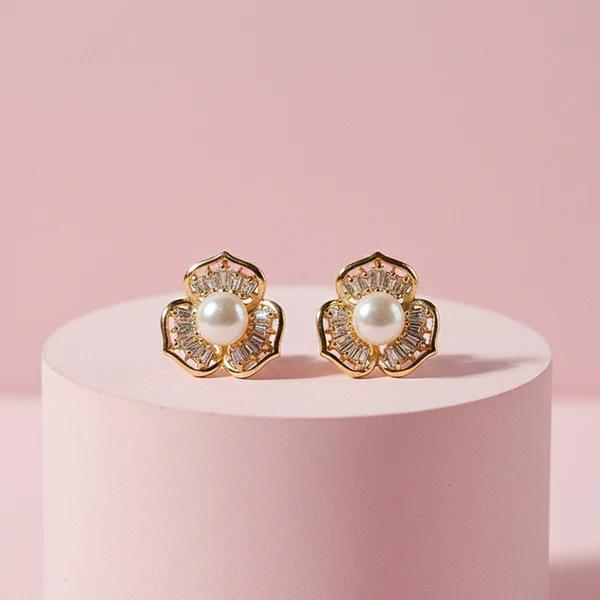 Pearl Center Floral Stud Earrings with Crystal Detailing and Gold Finish