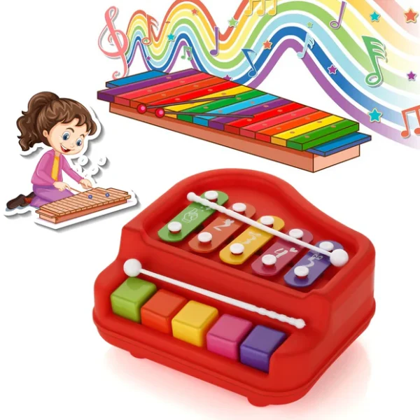 2 in 1 Baby Piano Xylophone Toy for Toddlers, 5 Multicolored Key Keyboard Xylophone Piano, Preschool Educational Musical Learning Instruments Toy for Baby Kids Girls Boys 3+ Years (1 Pc)