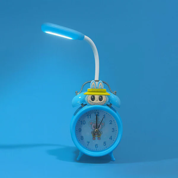 Kids Cartoon Blue Alarm Clock with LED Reading Lamp | Cute Rabbit Design, Dual Bell Analog Table Clock with Night Light, Adjustable LED Arm Lamp for Kids Bedroom, Study Table & Birthday Gift