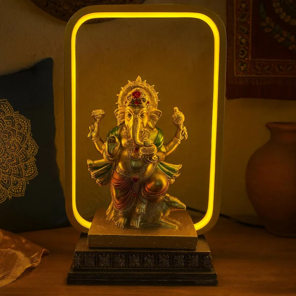 Premium Golden Ganesh Idol LED Night Lamp with Rectangular Frame | Decorative Lord Ganesha Statue with LED Light | Spiritual Home Decor Showpiece for Pooja Room, Office Desk, Living Room & Gift Purpose