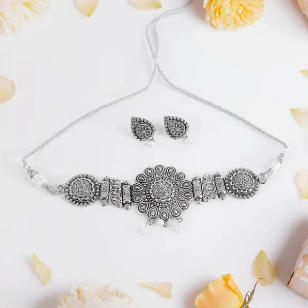 Oxidised Silver Choker With Matching Jhumas Earring For Women