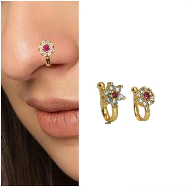 Traditional Ruby & CZ Gold Plated Non-Piercing Nose Ring/Nath Combo Pack of 2