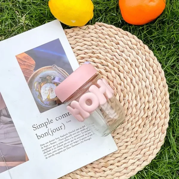 HOHO Cute Glass Milk Jar with Straw & Silicone Lid | 350ml Leakproof Reusable Smoothie Cup | Aesthetic Mason Jar Tumbler for Kids & Adults | Iced Coffee, Juice & Milkshake Cup | 12cm x 7cm | Pastel Pink