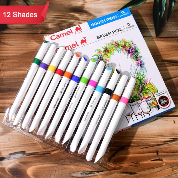 Camel Brush Pens – 12 Vibrant Shades (Flexible Tip for Watercolor, Lettering)