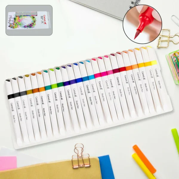 Camel Brush Pens – 24 Vibrant Shades (Flexible Tip for Watercolor, Lettering)