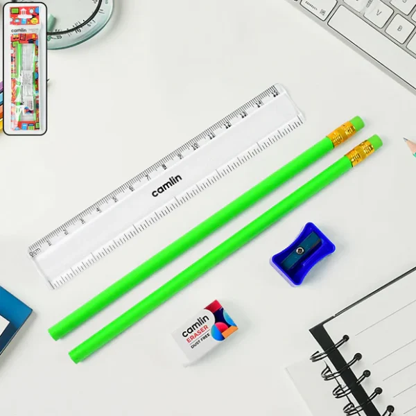 Camlin Writing Kit – Includes 2 Pencils, Eraser, Sharpener, and Ruler