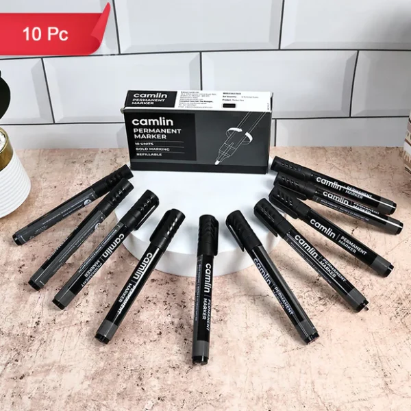 Camlin Permanent Marker Black Bold Long Lasting Refillable Marker Pack of 10