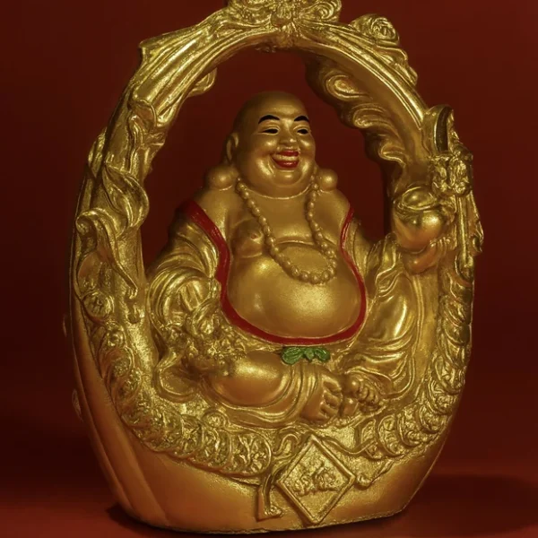 Golden Laughing Buddha Idol in Ornate Arch Frame | Lucky Buddha Statue