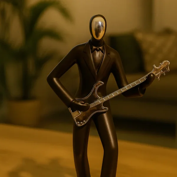 HOME DECOR Elegant Black Guitarist Figurine | Modern Musician Statue with Chrome Face & Guitar | Artistic Home Décor Sculpture for Living Room, Office, Café, Studio | Perfect Music Lover Gift