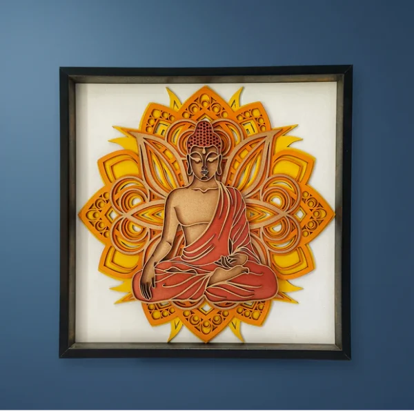 Handcrafted Wooden Buddha Wall Art Multi-Layer 3D Wall Frame Handmade Indian Artwork