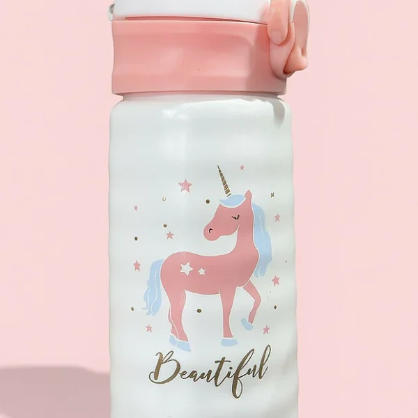 Pink & White Unicorn Water Bottle for Kids – 500ml (Leak-Proof & Reusable)