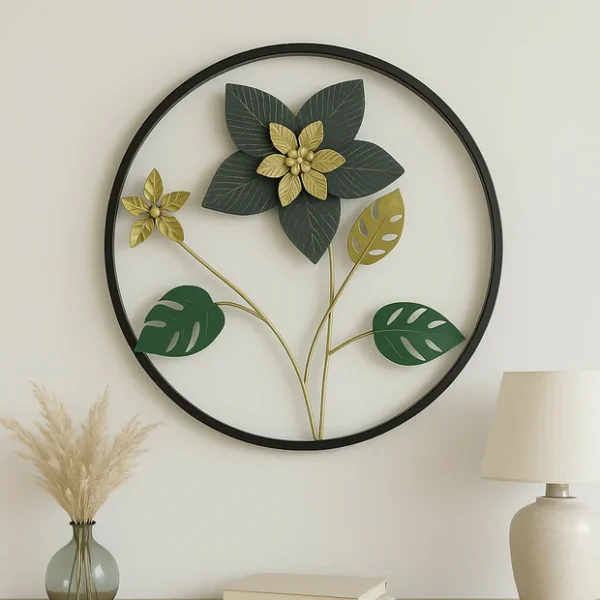 HOME DECOR Black Frame Wall Hanging with Green & Gold Flowers and Leaves