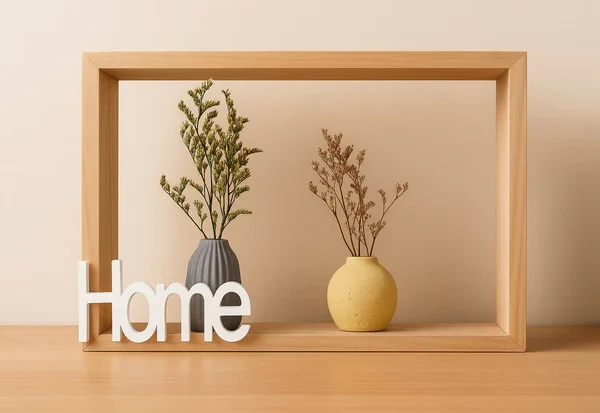 Rustic Wooden Frame Wall Shelf with Decorative Mini Vases