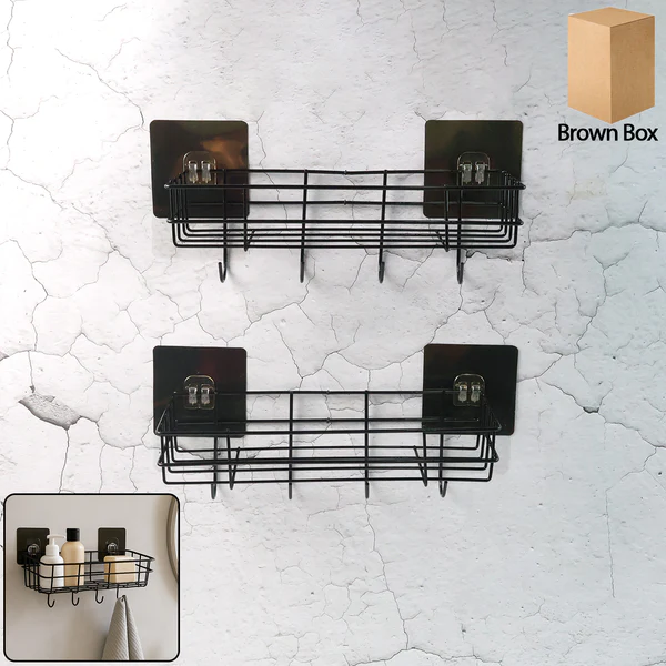 Heavy-Duty Self-Adhesive Wall Storage Baskets with Hooks (Pack of 2)