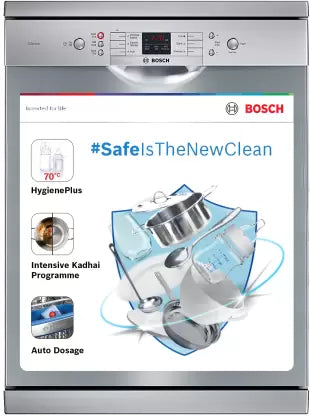 Bosch 13 Place Setting Dishwasher with Intensive Kadhai Program, No Pre-Rinse, 70⁰ Hot water wash, Half Load Option & Extra Cutlery Box - (SMS66GI01I, Silver, Glass Protection...