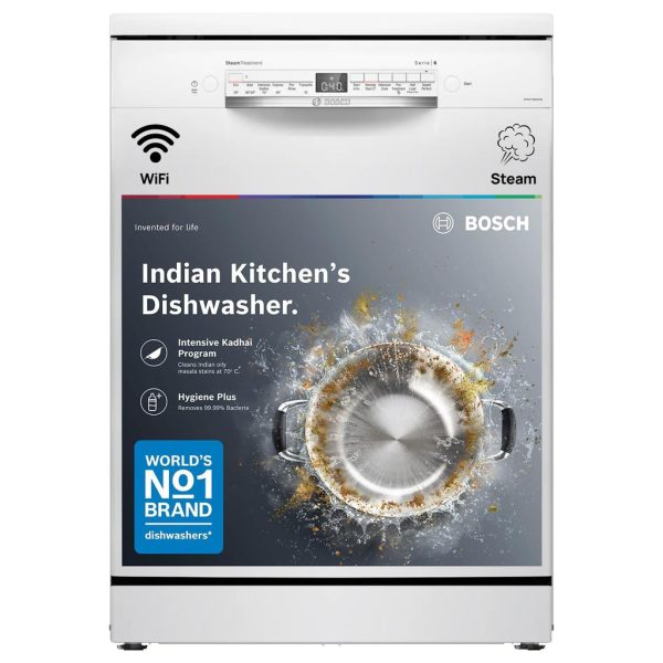 Bosch 14 Place Setting with intensive Kadhai Program, Steam Treatment,WiFi, 3-Stage Adjustable Upper Rack - (SMS6IKW01I - White,Glass Protection Technology)