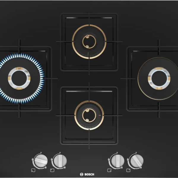 BOSCH Built in Series 6 Gas hob 75 cm Tempered glass, Brass Burner PNI7B6F10I Glass Automatic Hob  (4 Burners)