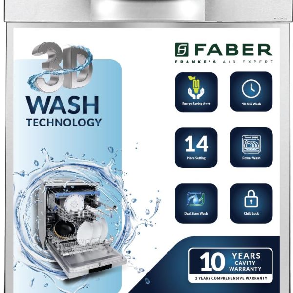 Faber 14 Place Settings Free Standing Dishwasher,8 Wash Programs, LED Display, Adjustable Racks, 3D Wash for Tough Stains, FFSD 8PR 14S, Silver