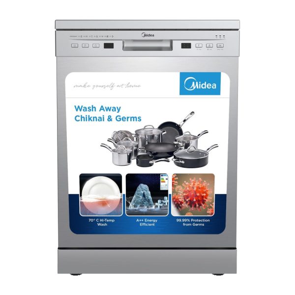 Midea 13 Place Settings Free Standing silver Dishwasher |FMDWPF1301F(SS)-WG|7 Wash Programs | LED Display | Power Wash | Wi-Fi Enabled with Midea SmartHome App | Self c
