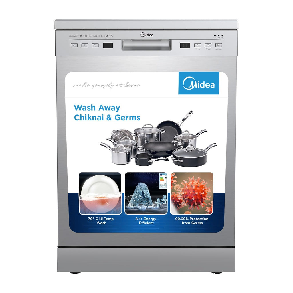 Midea 13 Place Settings Free Standing silver Dishwasher |FMDWPF1301F(SS)-WG|7 Wash Programs | LED Display | Power Wash | Wi-Fi Enabled with Midea SmartHome App | Self c