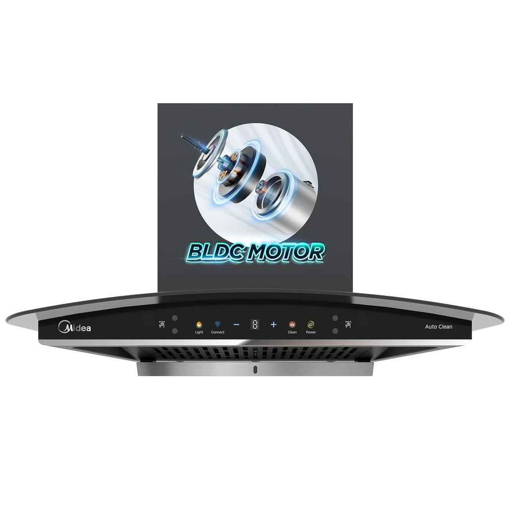 Midea 60 cm 1600 m3/hr BLDC, Filter-less, Wi-Fi enabled, intelli- Autoclean, 9 speed kitchen Chimney, Free Installation Kit (Megan Auto Clean), Black MH60V11ET25BF-IN