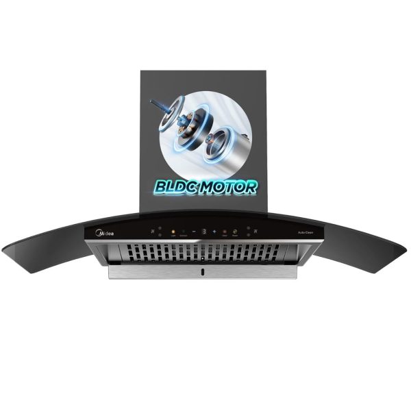 Midea 90 cm 1600 m3/hr BLDC, Filter-less, Wi-Fi enabled, intelli- Autoclean, 9 speed kitchen Chimney, Free Installation Kit (Megan Auto Clean), Black MH90V11ET25BF-IN