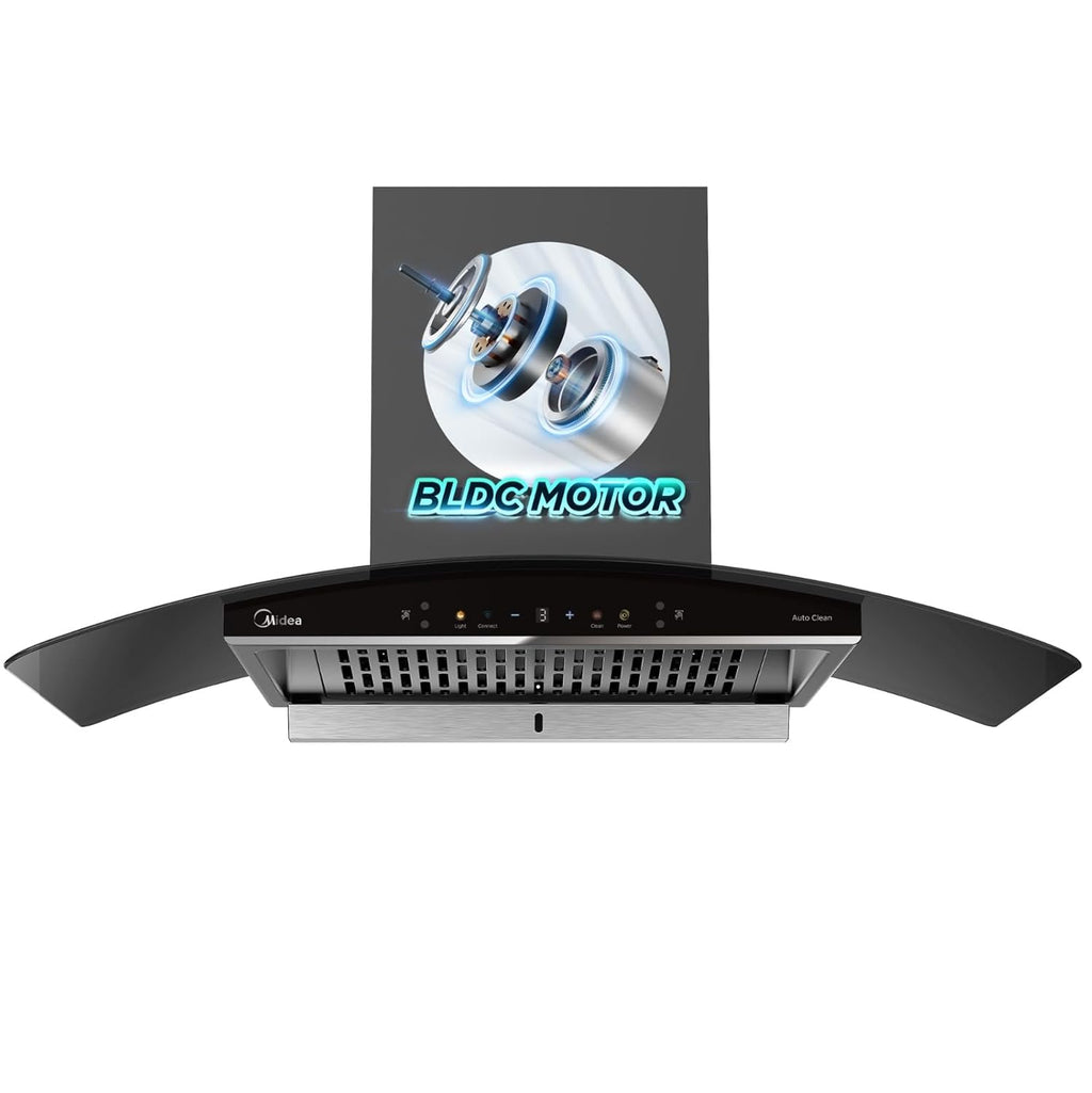 Midea 90 cm 1600 m3/hr BLDC, Filter-less, Wi-Fi enabled, intelli- Autoclean, 9 speed kitchen Chimney, Free Installation Kit (Megan Auto Clean), Black MH90V11ET25BF-IN