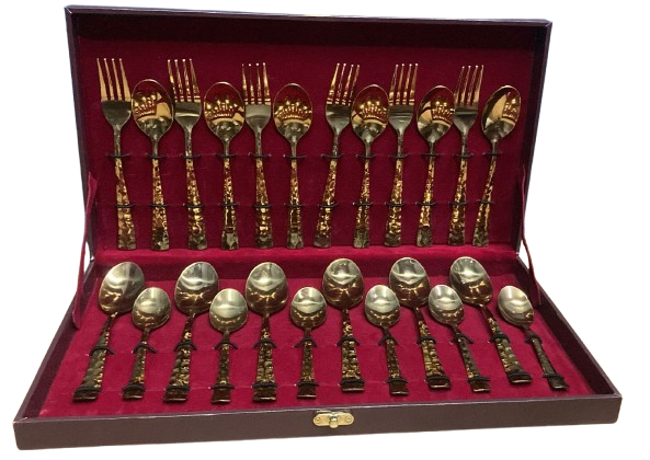 Sanjeev Kapoor Set of 24 Pcs SS Stony Cutlery Set With Baby Spoon & Leathrite Box Gold Finish
