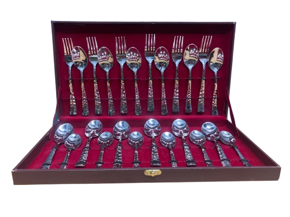 Sanjeev Kapoor Set of 24 Pcs SS Stony Cutlery Set With Baby Spoon & Leathrite Box - Stainless Steel Finish