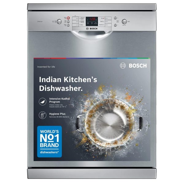 Bosch 13 Place Setting Dishwasher with Intensive Kadhai Program, No Pre-Rinse, 70° Hot water wash, Half Load Option & Extra Cutlery Box - (SMS66GI01I, Silver, Glass Protection...