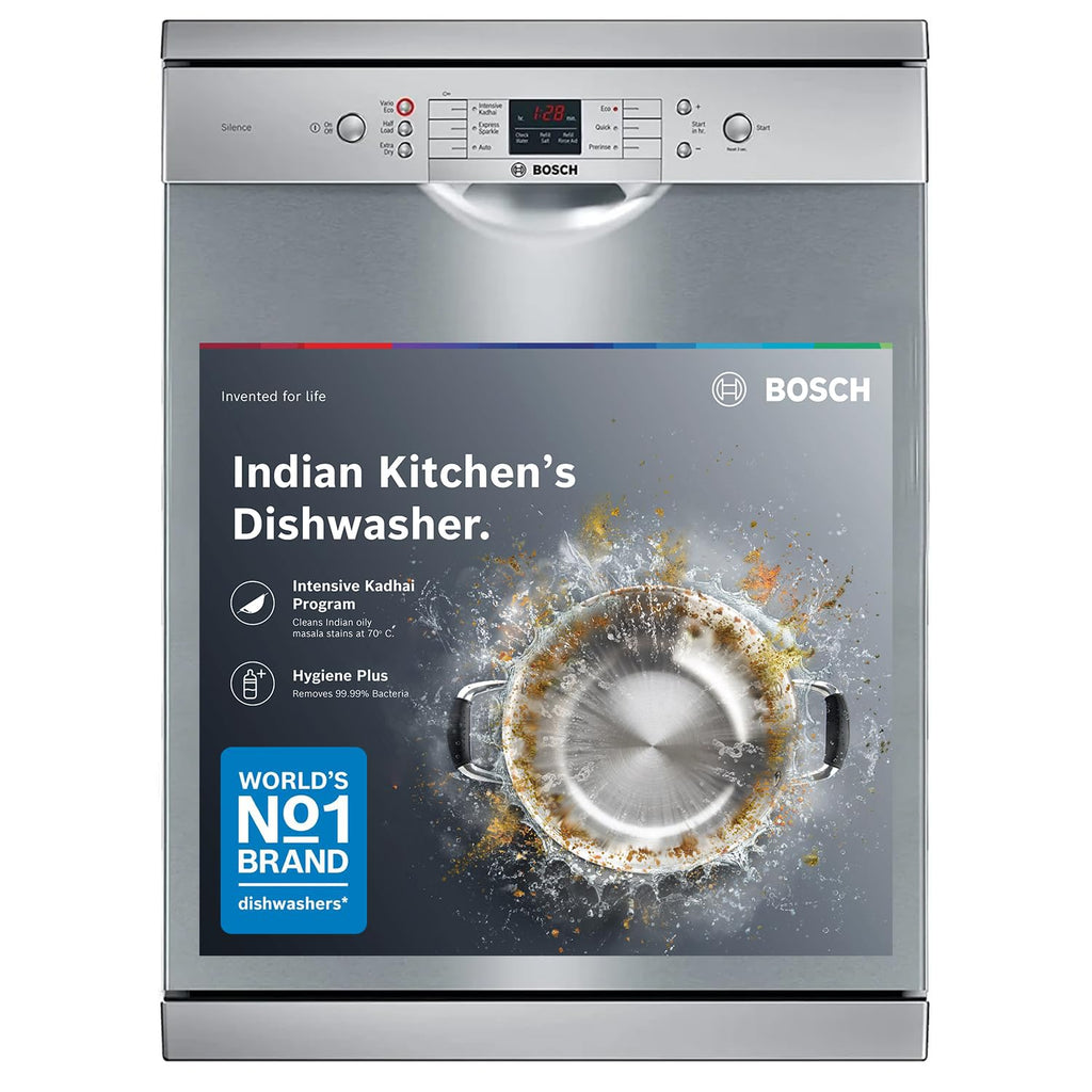 Bosch 13 Place Setting Dishwasher with Intensive Kadhai Program, No Pre-Rinse, 70° Hot water wash, Half Load Option & Extra Cutlery Box - (SMS66GI01I, Silver, Glass Protection...