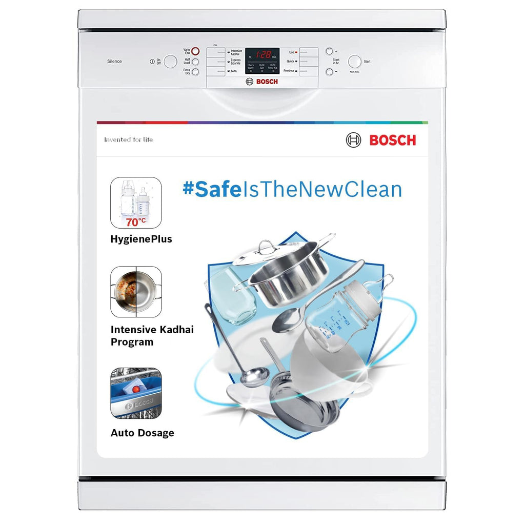 Bosch 13 Place Setting, EcoSilence Drive, Hygiene plus with Intensive Kadhai program, Adjustable Upper Rack Free Standing Dishwasher, World No.1 Brand in Dishwasher (SMS66GW01I,...