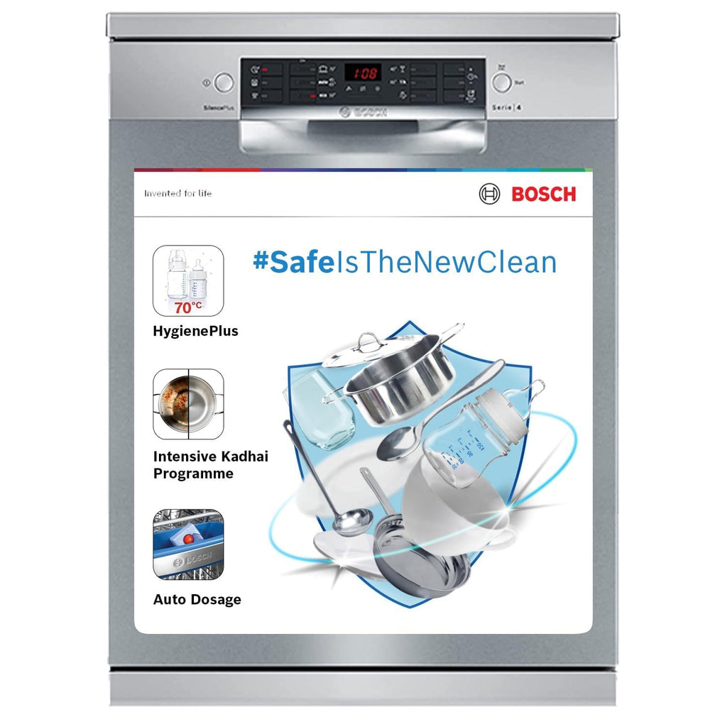 Bosch 14 Place Setting Dishwasher with Intensive Kadhai Program, 70? Hot water wash, 3-Stage Adjustable Upper Rack, No Pre-Rinse (SMS46KI03I, Silver, Glass Protection Technology)