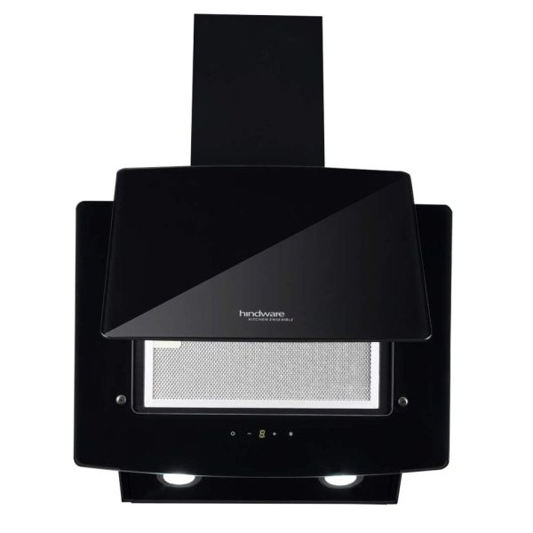 Hindware Kyra 60cm 1000 hr Low Noise Angular Designer Kitchen Chimney With Cassette Filter Touch Control Dual LED Lamps and Touch Control Black