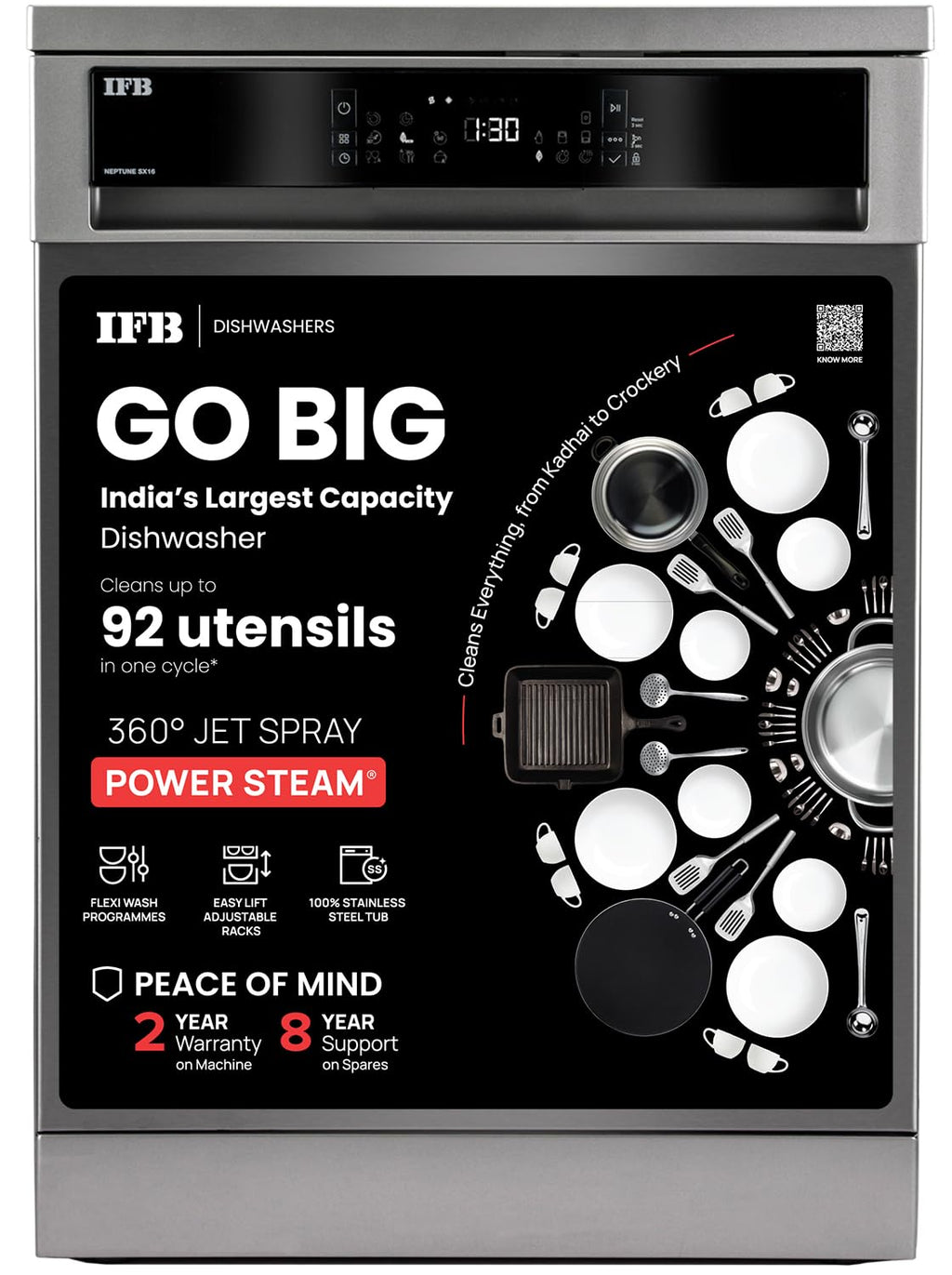 IFB 14 Place Settings with DeepClean Technology Freestanding Dishwasher (Neptune VX14, Inox Grey, 70° Hot Water Wash with Hygienic Steam Drying)