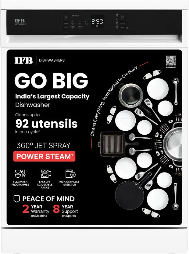 IFB 14 Place Settings with DeepClean® Technology Freestanding Dishwasher (Neptune FX14, White, 70° Hot Water Wash with Hygienic Steam Drying, Perfect for Indian Utensils)