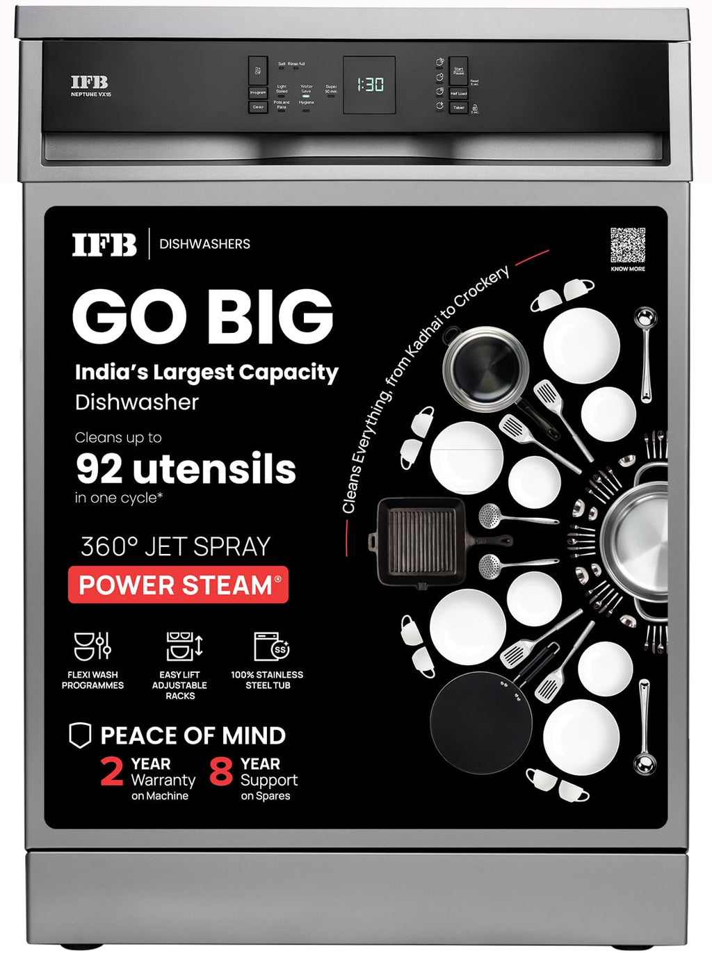IFB 15 Place Freestanding Dishwasher with DeepClean® Technology, 3rd Cutlery Tray, 70°C Hot Water Wash, Turbo Drying, Anti-Bacterial Filter, Perfect for Indian Utensils (Neptune...