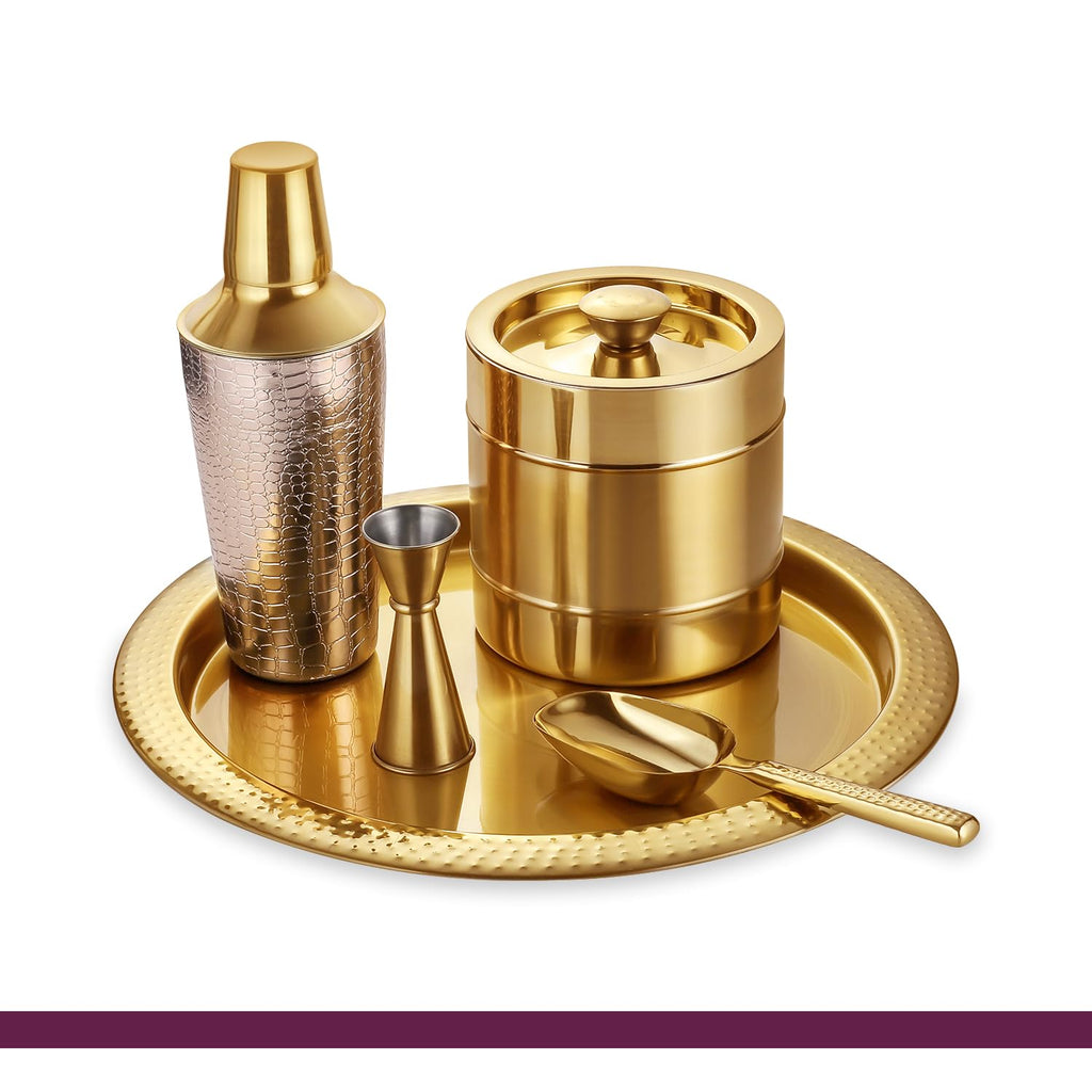 Sanjeev Kapoor Stainless Steel 5pcs Bar Tool Set-1 Bar Tray – 16 inch,1 Cocktail Shaker – 33oz/1000 ml,1 Ice Bucket – 1.5 L Double Wall,1 Ice Scoop – Hollow Handle &1 Peg...